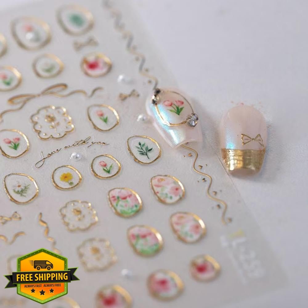 5D Embossed Tulip Flower Nail Art Stickers Gold Hollow Geometric Frames