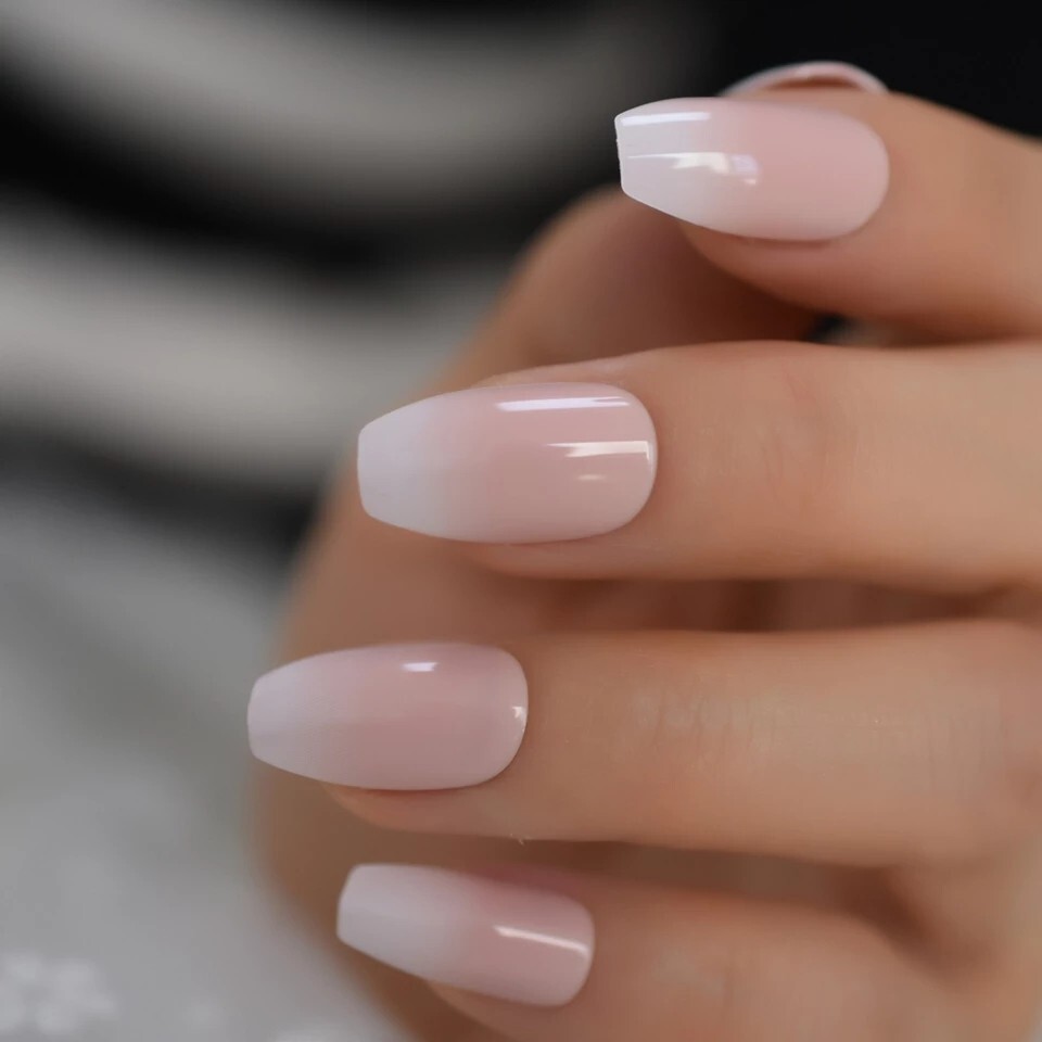 French tip ombre manicure press on nails kit with glue medium coffin nude