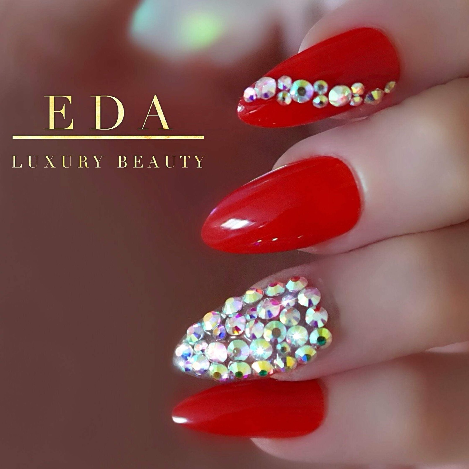 Red 3D Crystals Almond Stiletto Long Rhinestones Fake False Tips Press On Nails