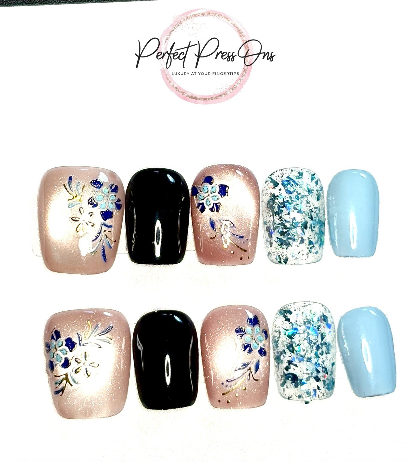Blue Floral Press On Nails Medium Chinoiserie Porcelain Black Gold Foil 10pc