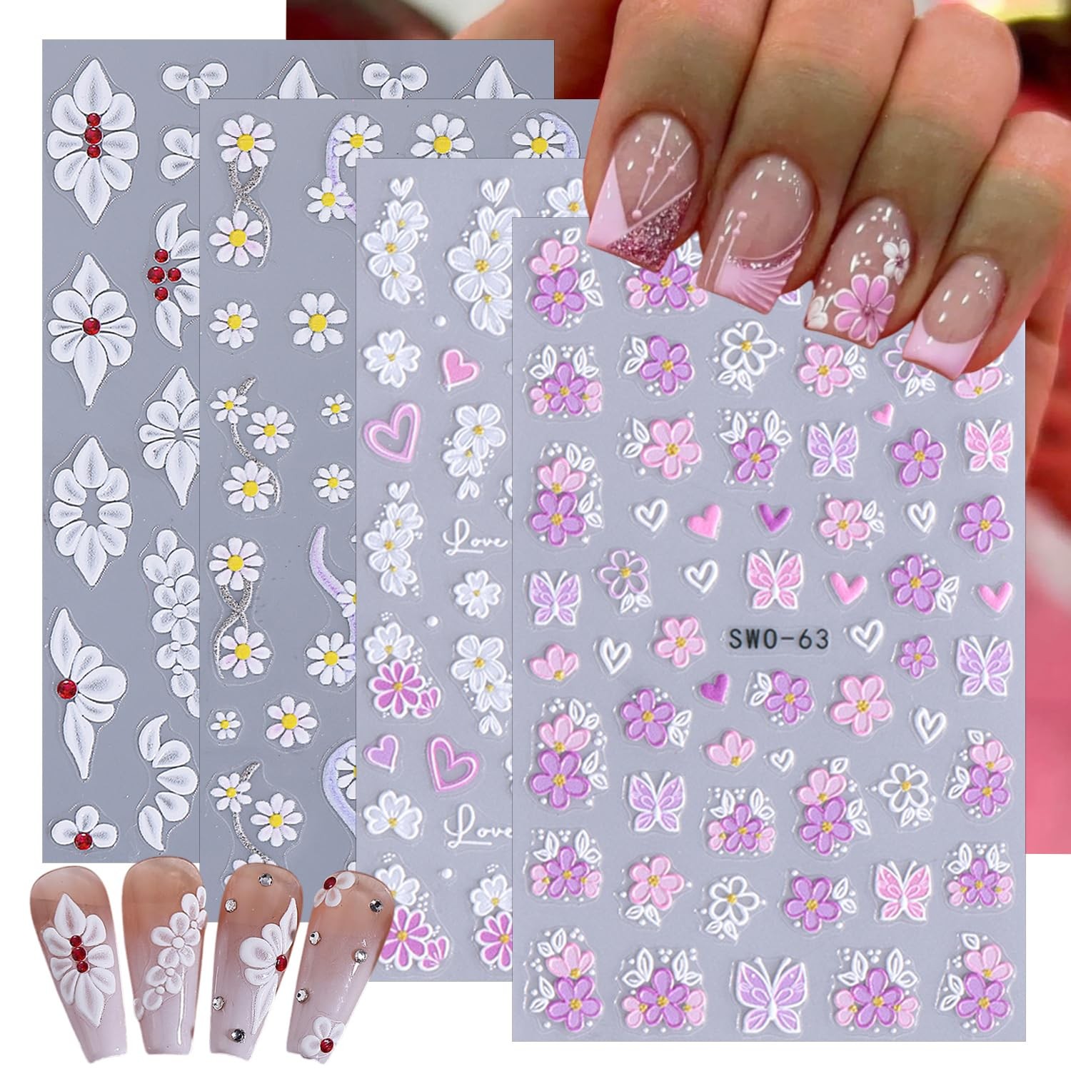 5D Embossed Flower Nail Art Stickers Pink White Floral Nail Stickers Camellia…