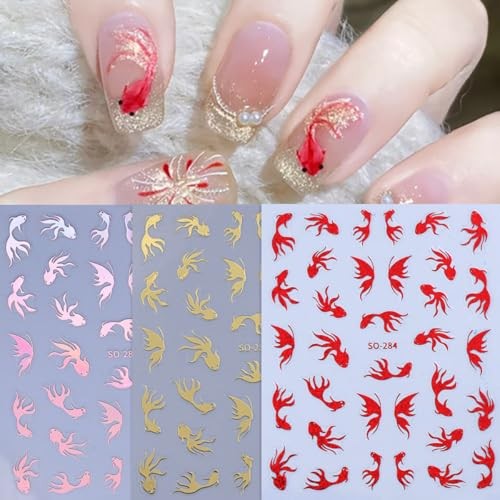 6 Pcs Nail Stickers 3D Self-Adhesive Nail Art Sticker Sparkly Nail Goldfish