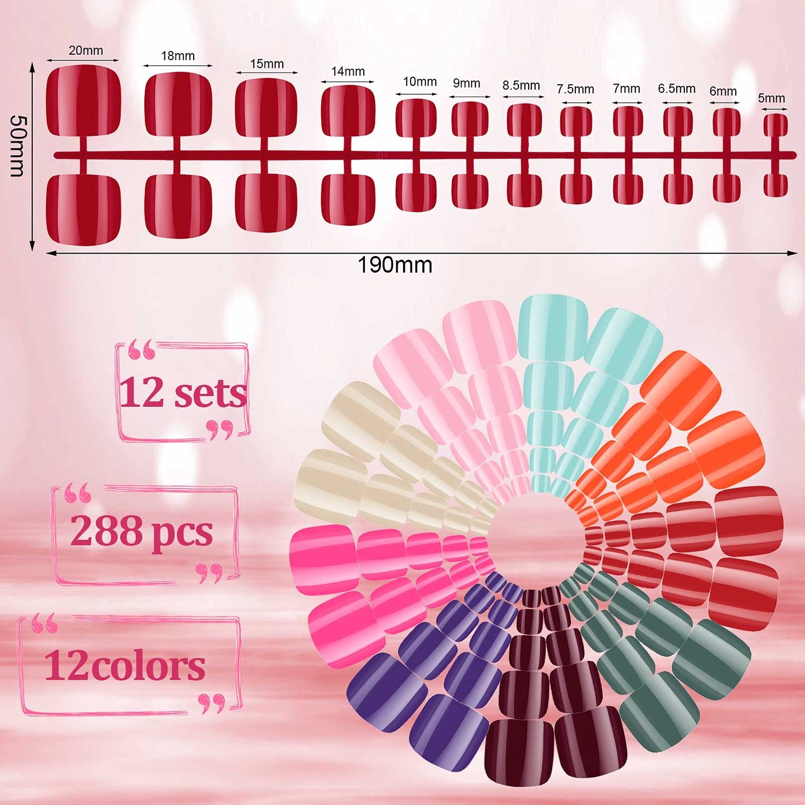 288 Pieces Short Square Press On Toe Nails Glossy Artificial Nail Set
