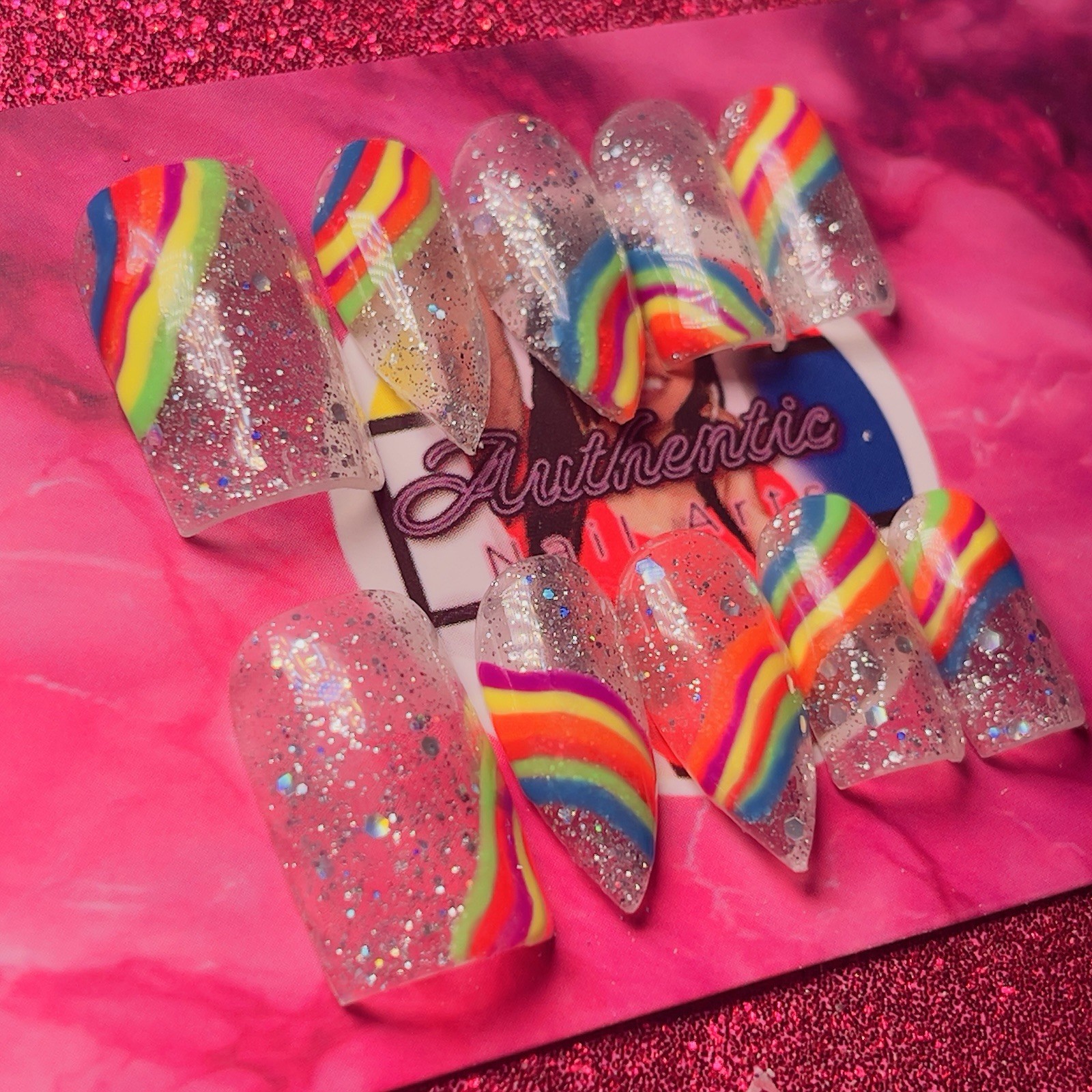 Authentic Nail Arts by Dia Long Coffin Press-On Nails Clear Rainbow Glitter