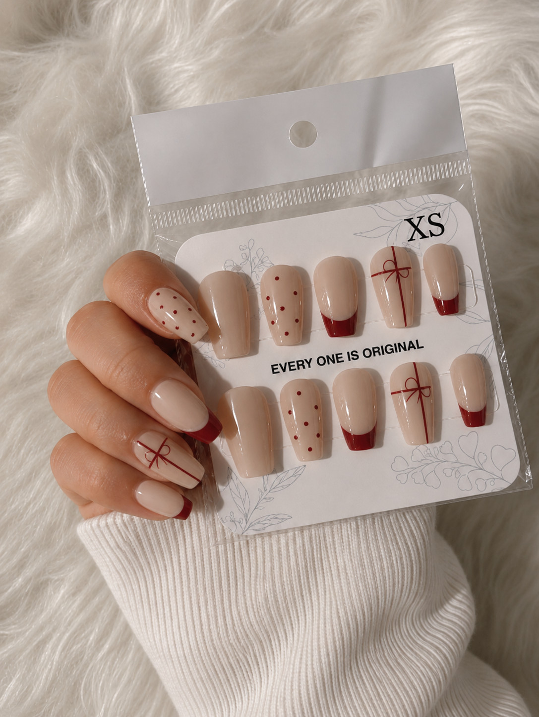 Warm Nude Red French Tip Coffin Press-On Nails – Extra Small