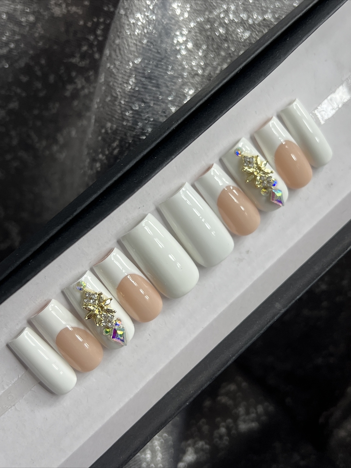 🔥 CUSTOM Gel Press On Nails, NUDE FRENCH BLING 10p FULL SET W Kit