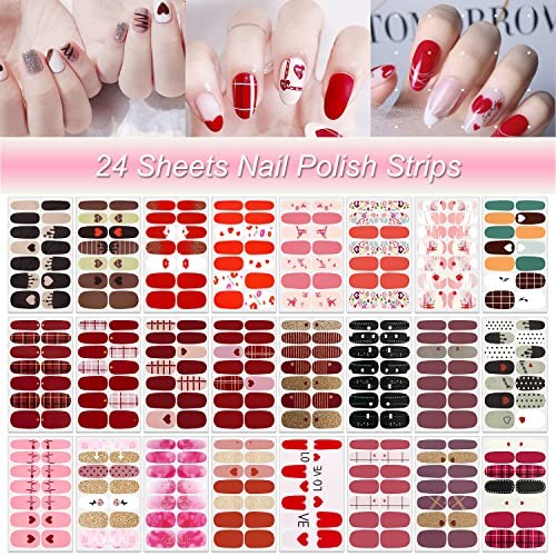 24 Sheets Valentine’s Day Nail Polish Strips Full Nail Wraps for Women Gel
