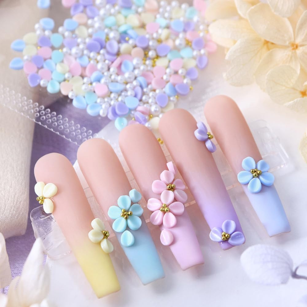 Flowers Nail Charms 3D Resin Colorful Petals Charms for Acrylic Nails Gold Pearl