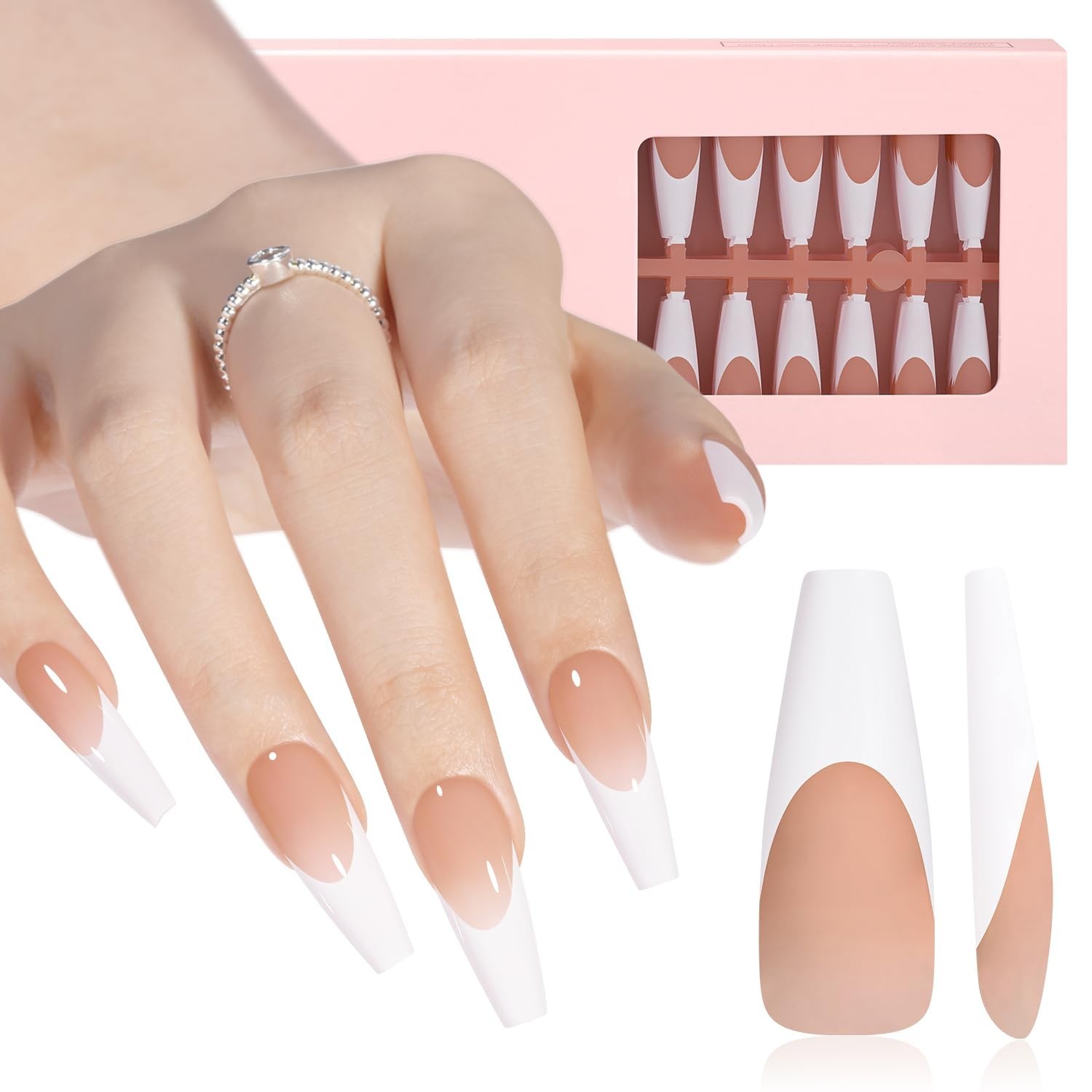 French Tip Press On Nails – 180 Pcs Long Coffin Brown, Soft Nail Tips, No File,