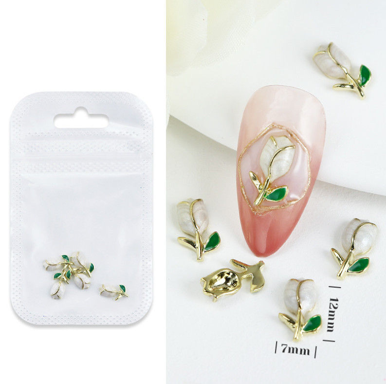 5PCS White Pink Tulip Flower Nail Art Case Charm 3D Metal Alloy Decoration NS54