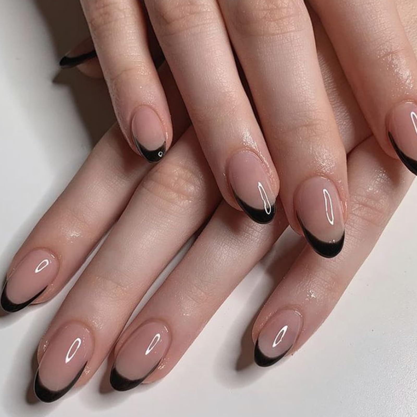 Modelones Black French Tip Press on Nails Short Almond short, A6-Black