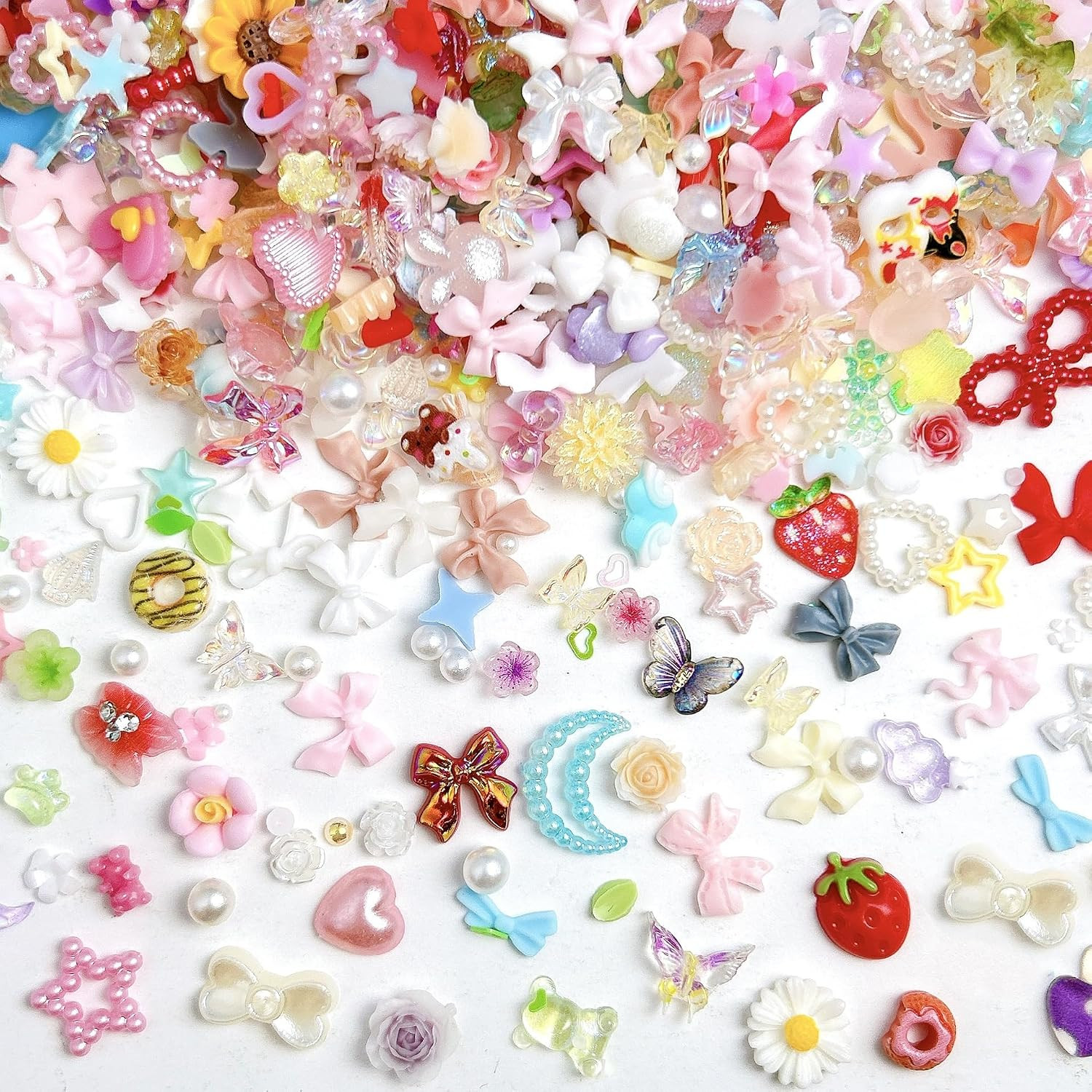 200Pcs Pink Red Nail Charms Kit 3D Flower Bow Heart Flatback Pearls Mixed Shape