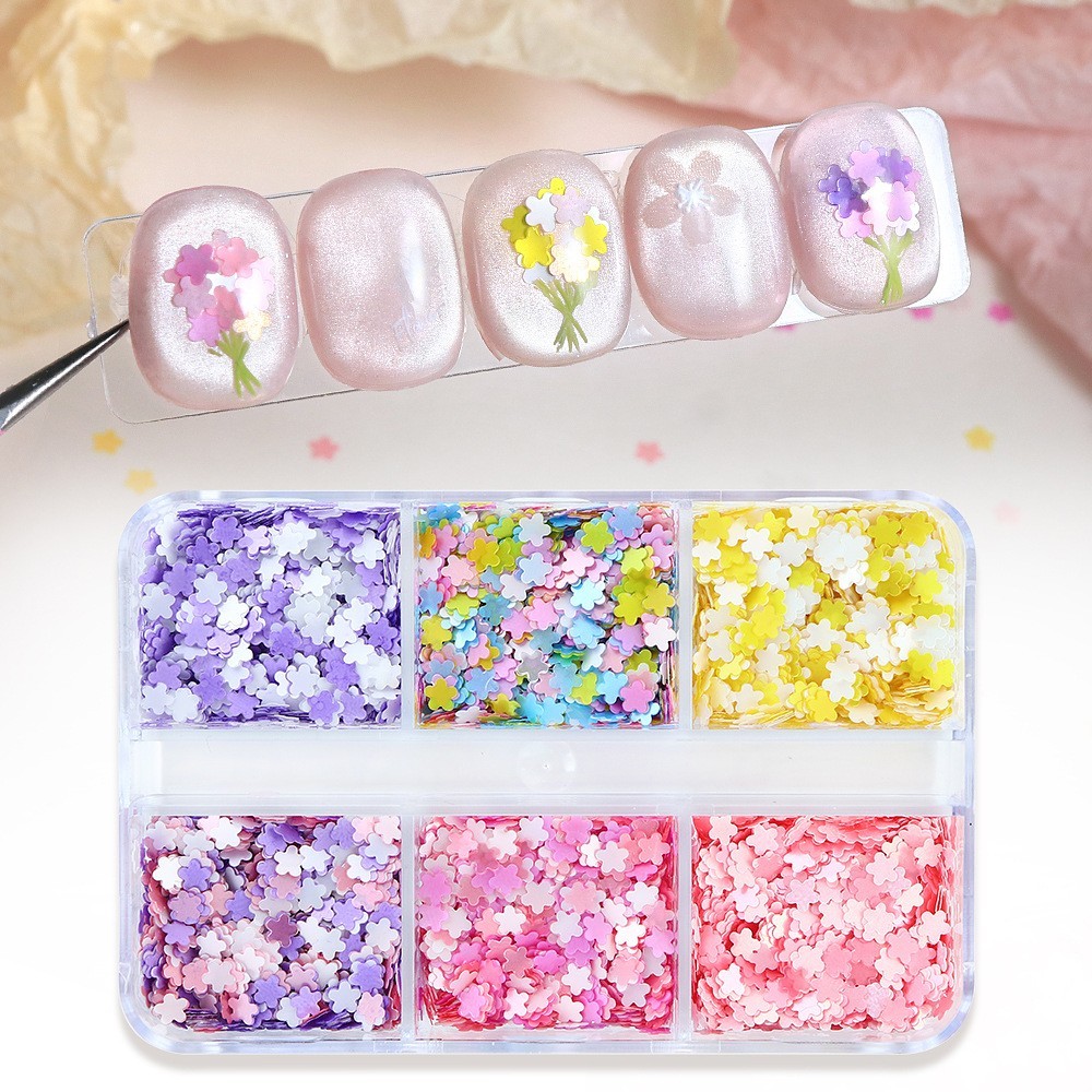 Nail Art Glitter Sequins 6 Grids Mixed Color 3MM Flower Shiny Nail Decor for DIY