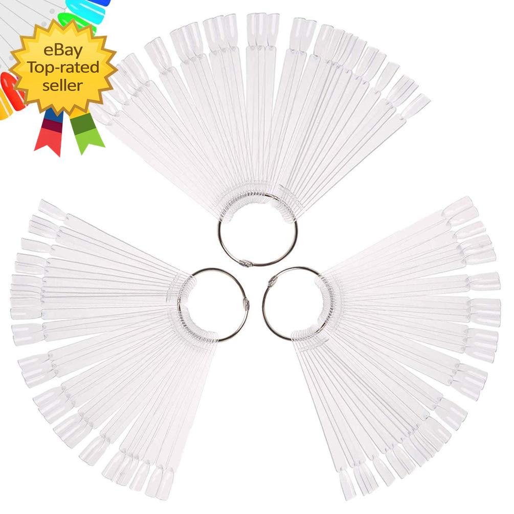 150 Pcs Clear Nail Swatch Sticks with Ring Fan Shape Nail Art Polish Display Tip