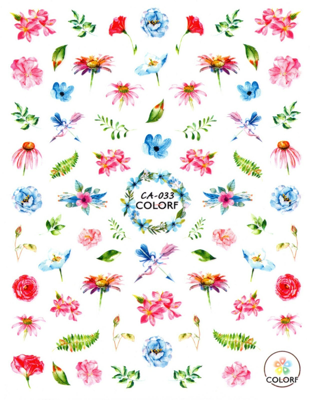 Nail Art 3D Decal Stickers Pink Blue Green Flowers CA033