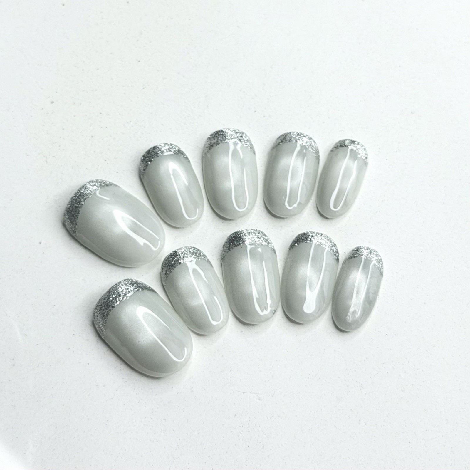 Handmade Reverse French Tip Press-On Nails Silver Glitter Edge Reusable Size M