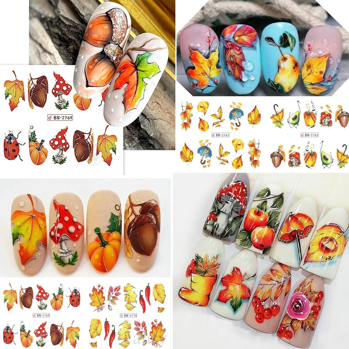 12Pcs Maple Leaf Nail Stickers Fall Nail Art Water Decals Chili Sunflower Pum…