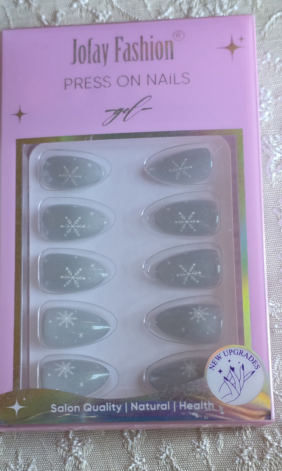Jofay Fashion Pastel Blue With White Snowflake And Glitter – Press-On Nails
