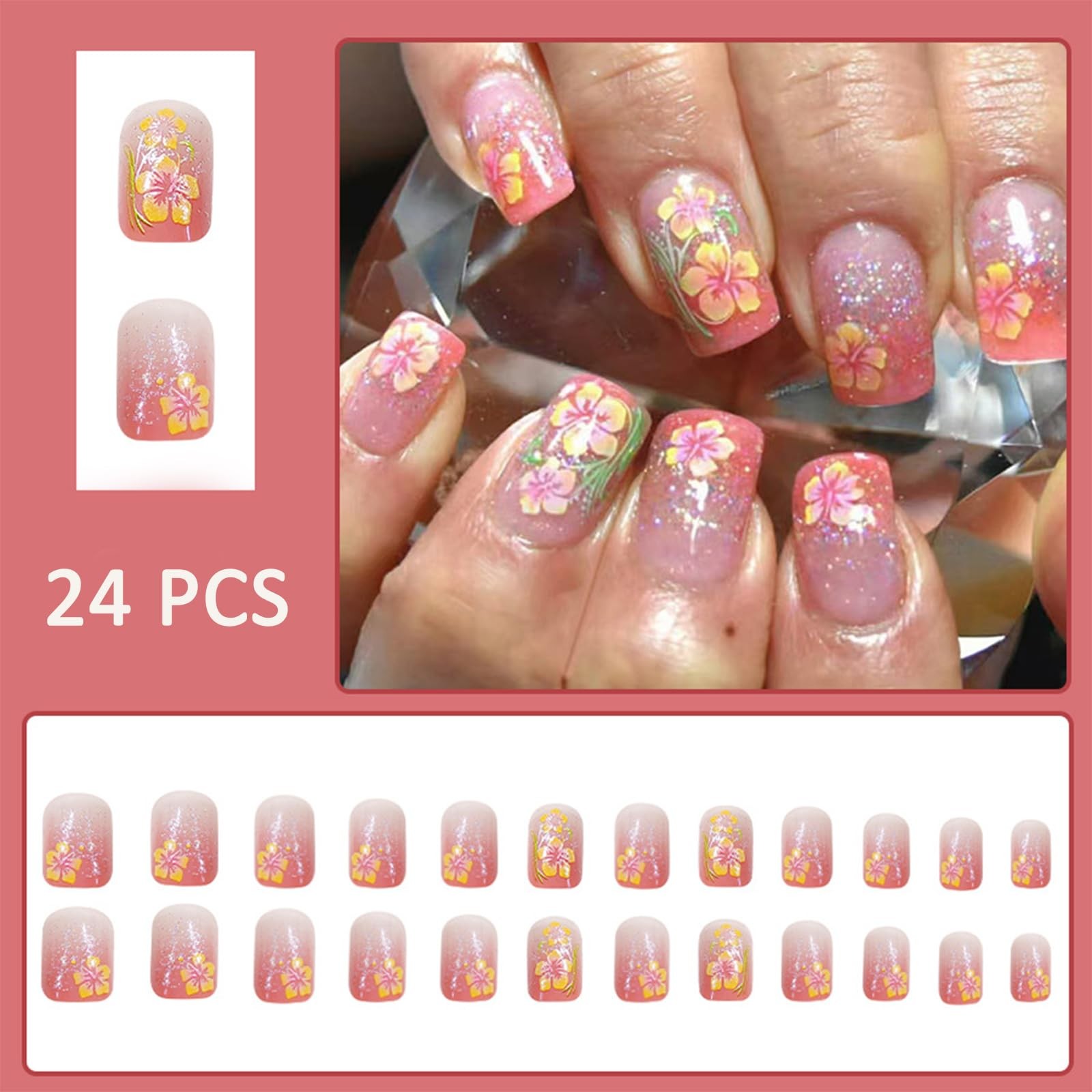 24 Pcs Hibiscus Flower Press on Nails Short Square Fake Nails Pink Gradient F…