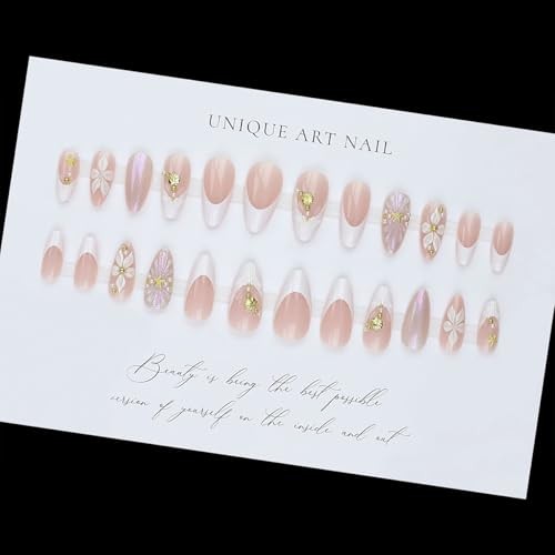 24Pcs White Flower Press on Nails Medium Almond Summer Fake flower nails-6