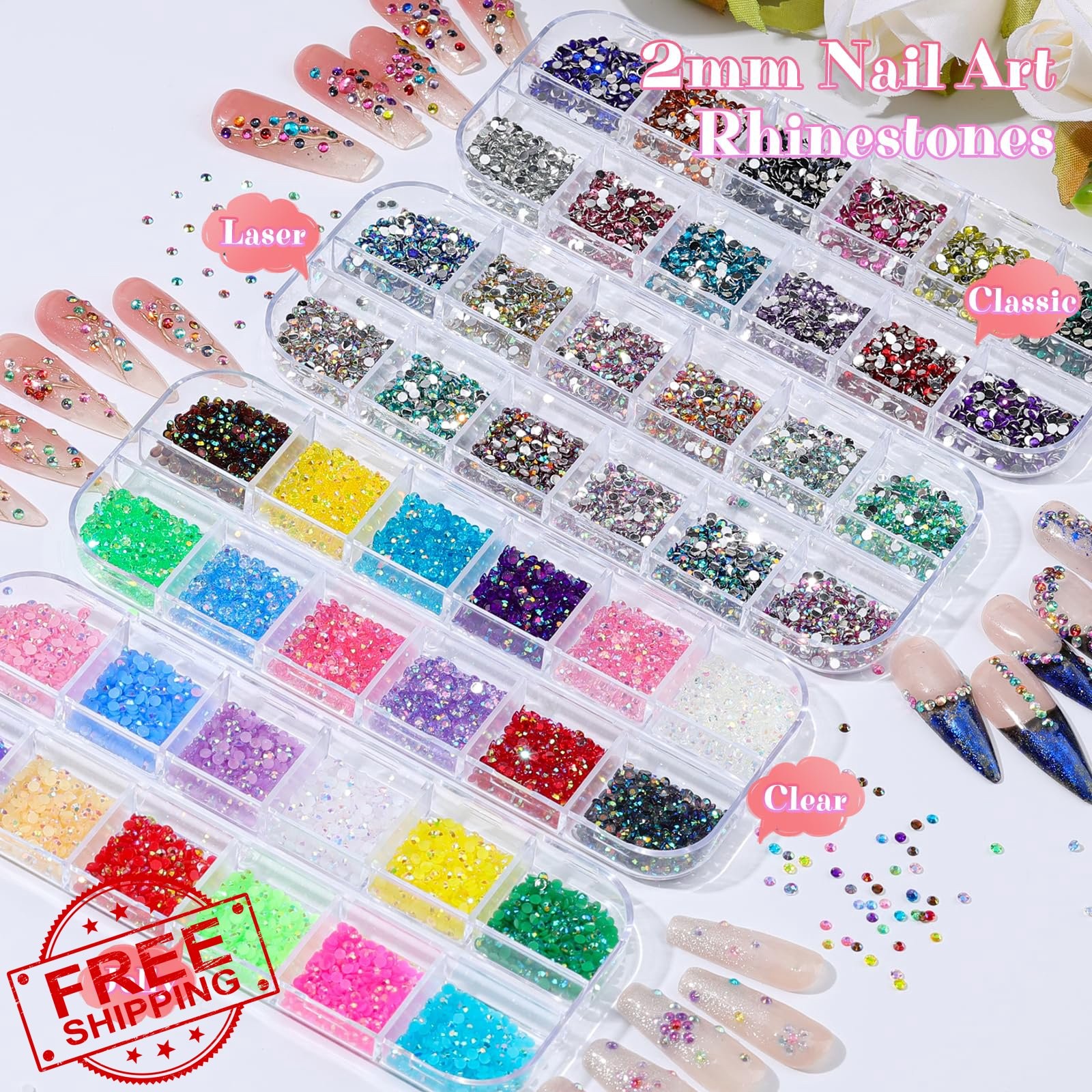 6 Boxes 2mm Nail Art Rhinestones Mixed Color Jelly Clear AB Flatback Pearls