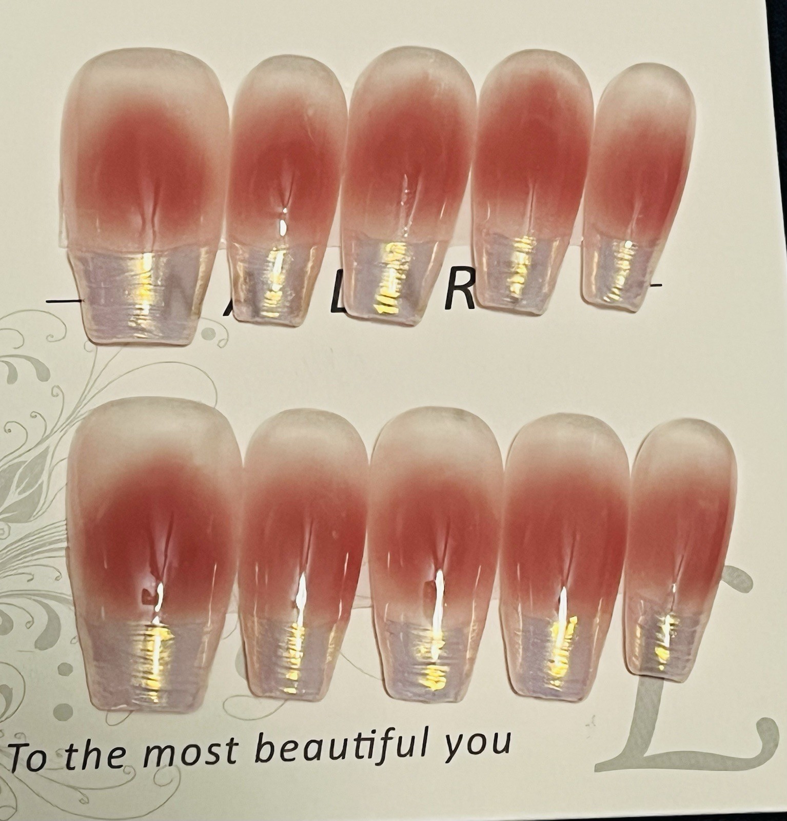 10 PCs Handmade Nails Blush Pink Shimmering French Tip Medium Length Coffin Sz L