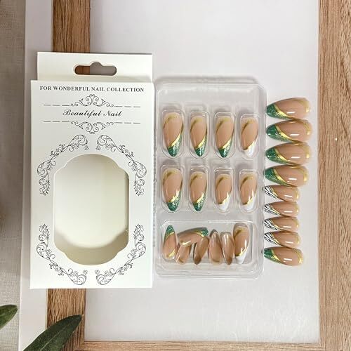 French Tip Press on Nails Medium Almond Fake Nails Nude White Green French Tip