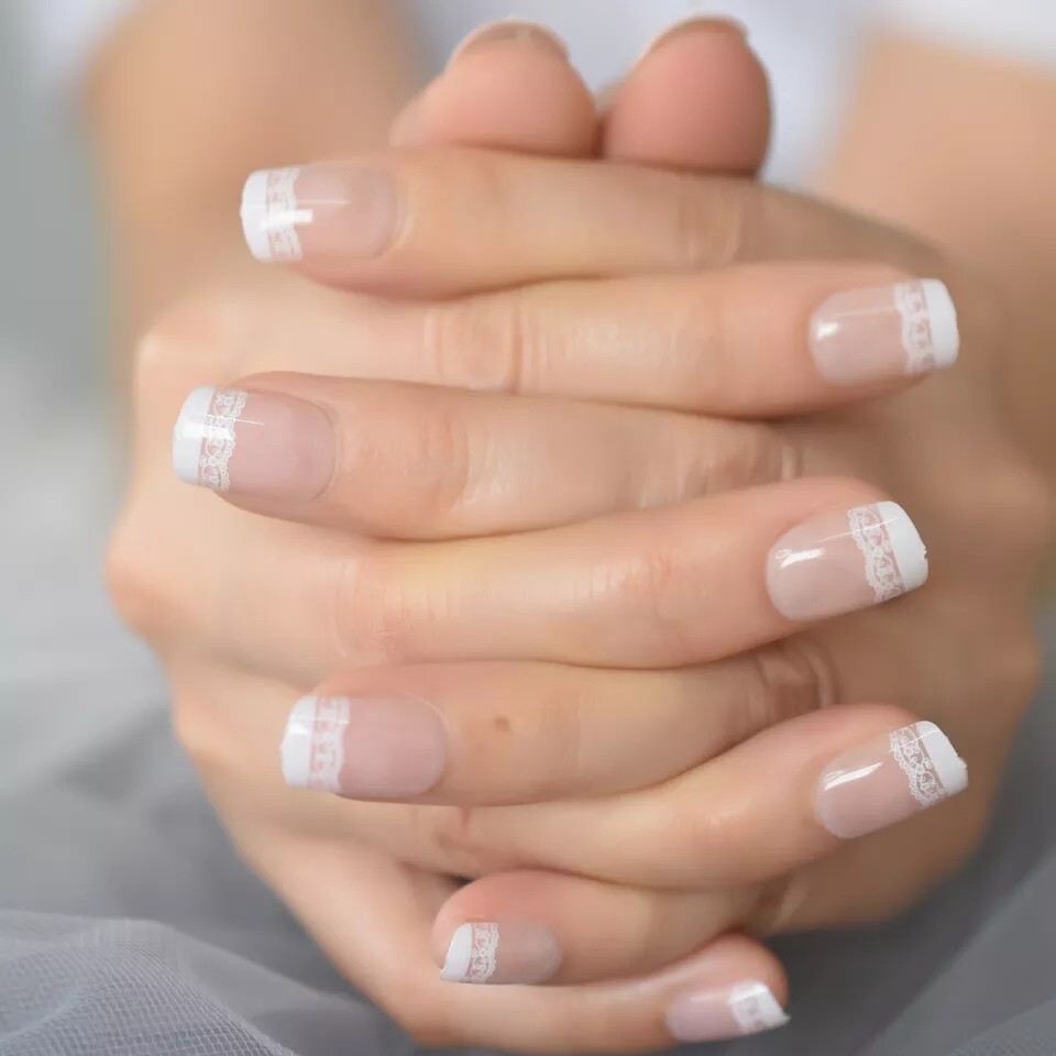 24 Short White Lace French mani Press on nails set glue fun baby boomer nude