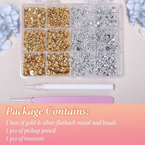 Silver Gold Flatback Pearls for Crafting, 6 Sizes (2-8 mm), 12 Grids, color-S3