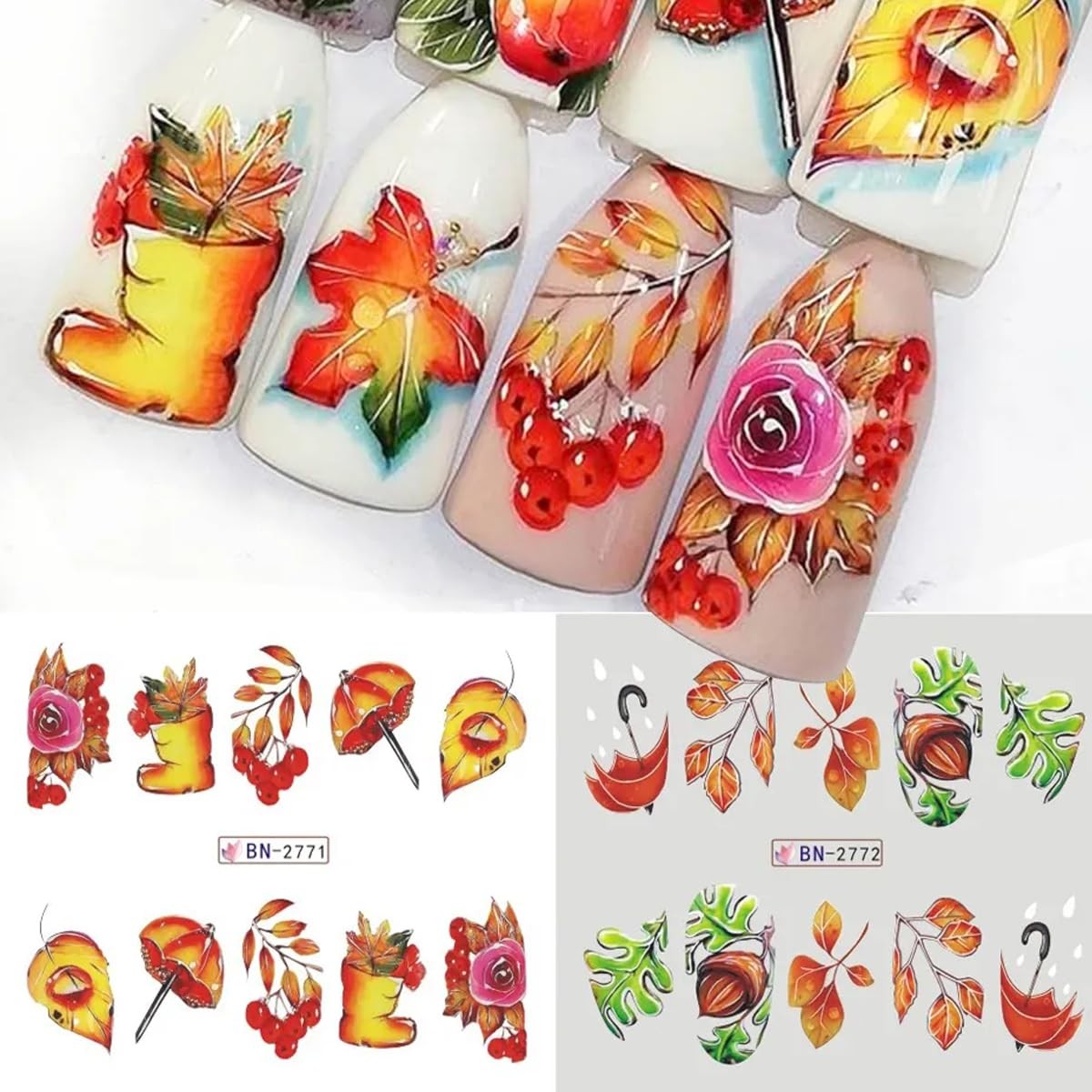 12Pcs Maple Leaf Nail Stickers Fall Nail Art Water Decals Chili Sunflower Pum…