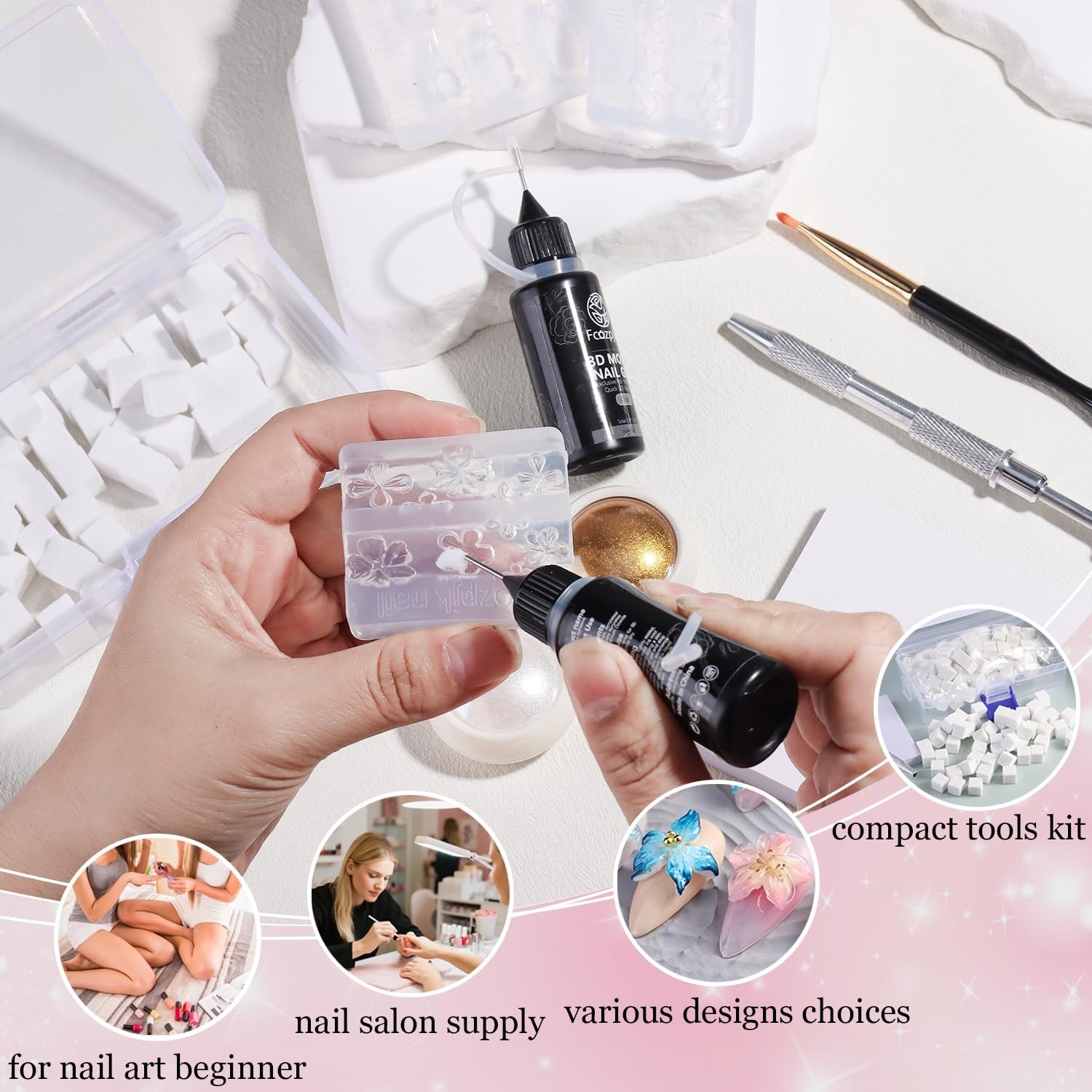 3D Gel Nail Art Starter Kit – 15ML Clear & White Sculpting Gel, Silicone Flower