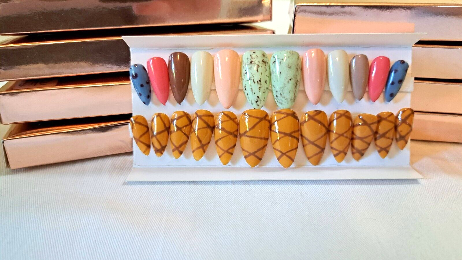 Hand Painted Ice Cream Cone Nails- All Sizes 20pc Almond Novelty Kawaii NIB