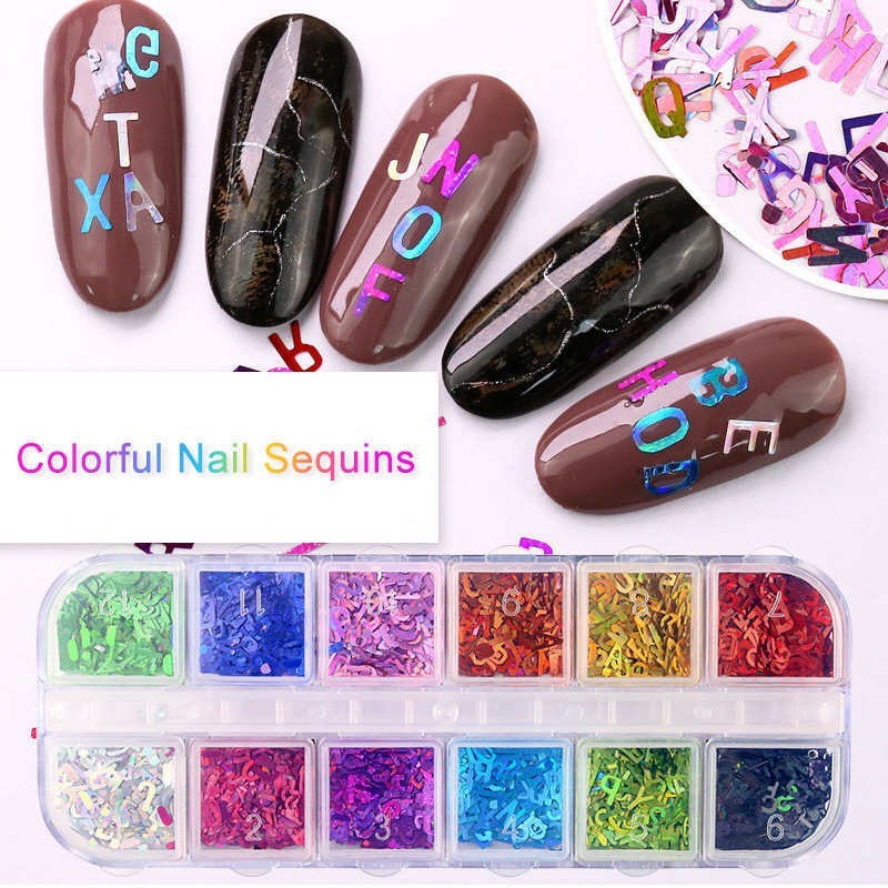 12 Colors Holographics Letter Nail Art Sequins Colorful UV Gel Decoration