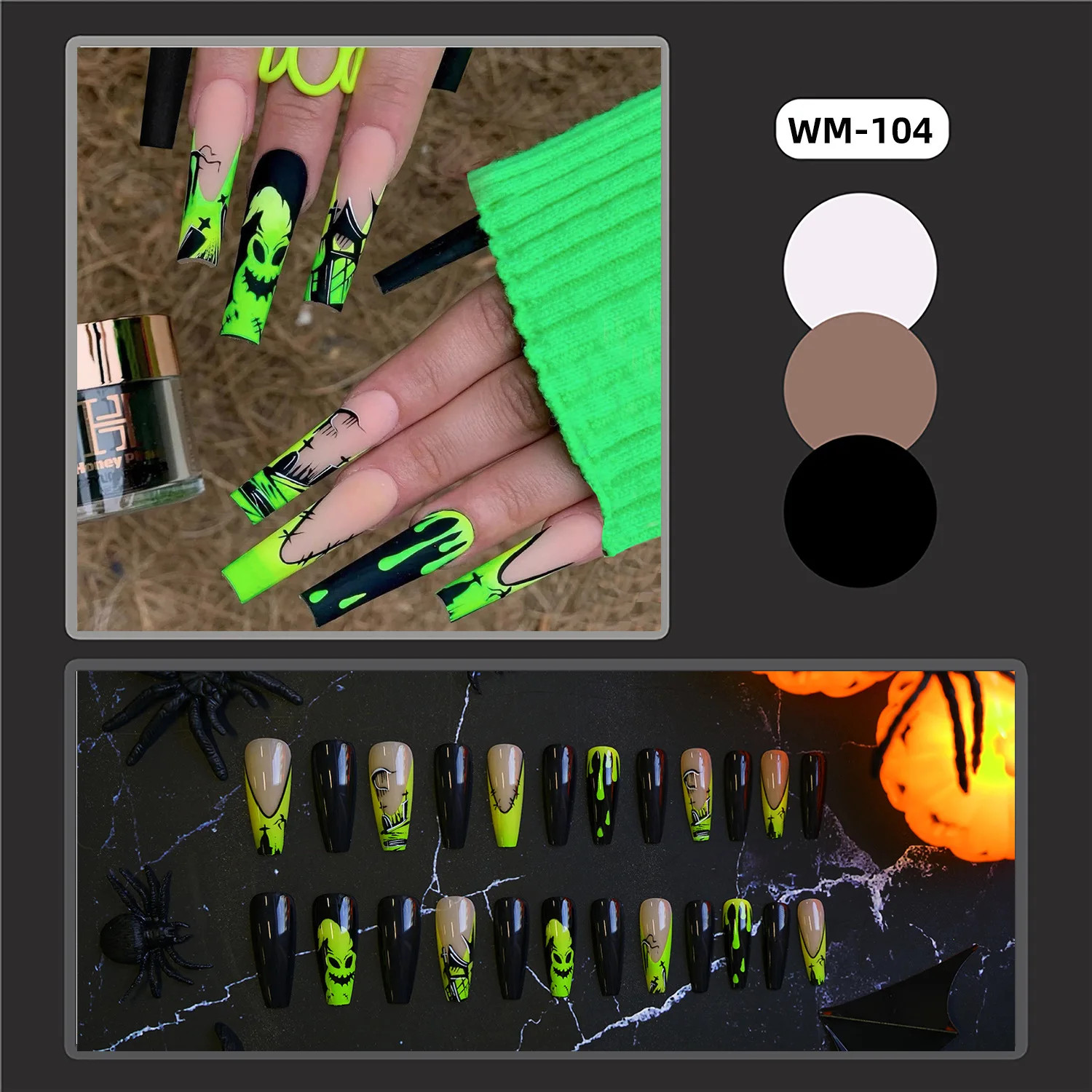 24pcs White Bones Long Pointed Patches Halloween Ghost Spider Press on Nails