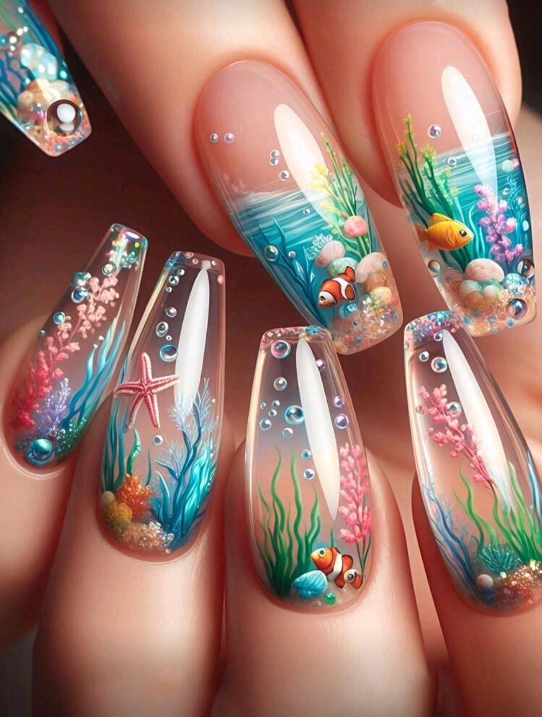 Press-On Nails Blue Clown Fish Medium/Long Coffin Shaped Squared Finish
