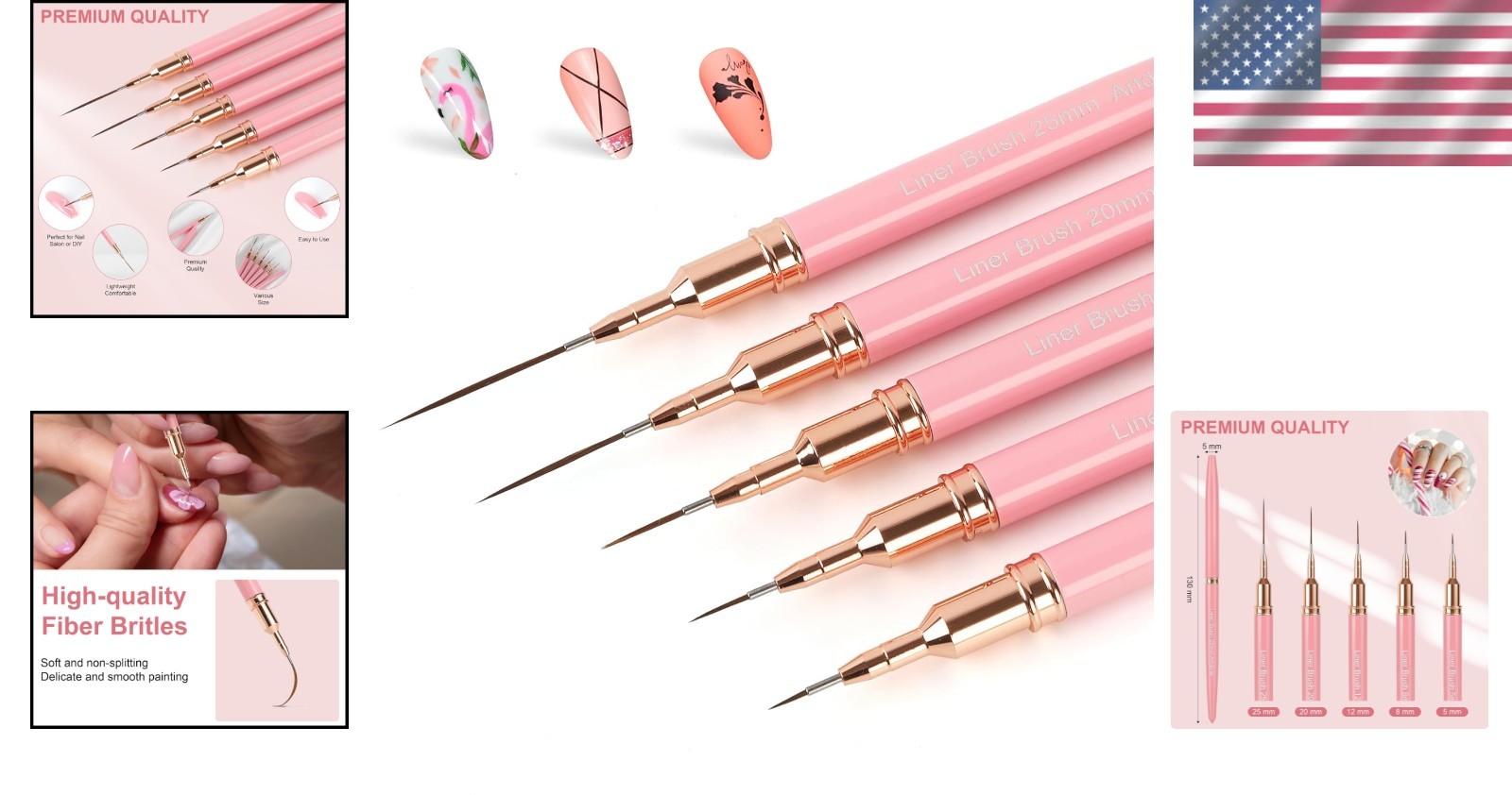 5PCS Pink Metallic Nail Art Pens – Precision Liner Brushes for Intricate Designs