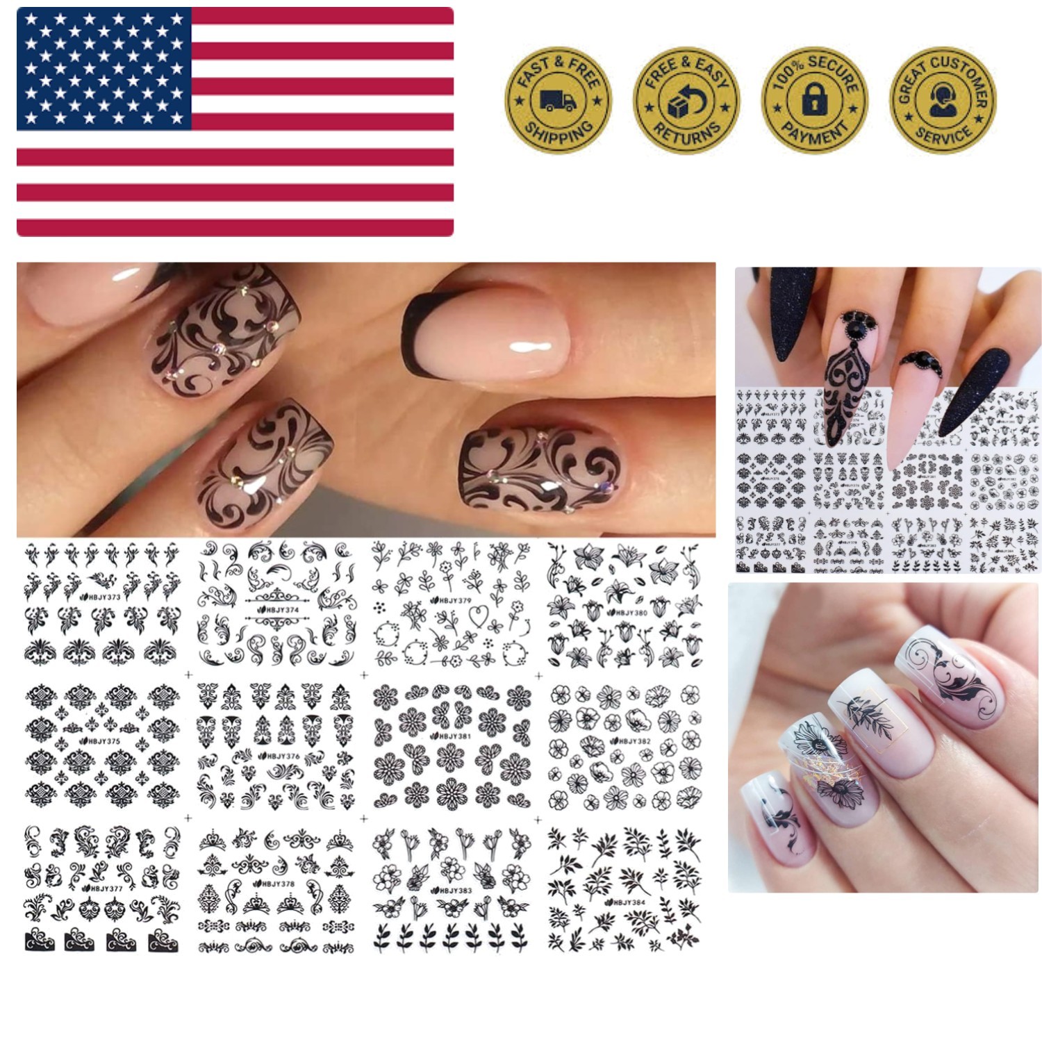 Black Flowers Nail Stickers, Floral Nail Art Decal 3D Self-Adhesive Lace Retr…