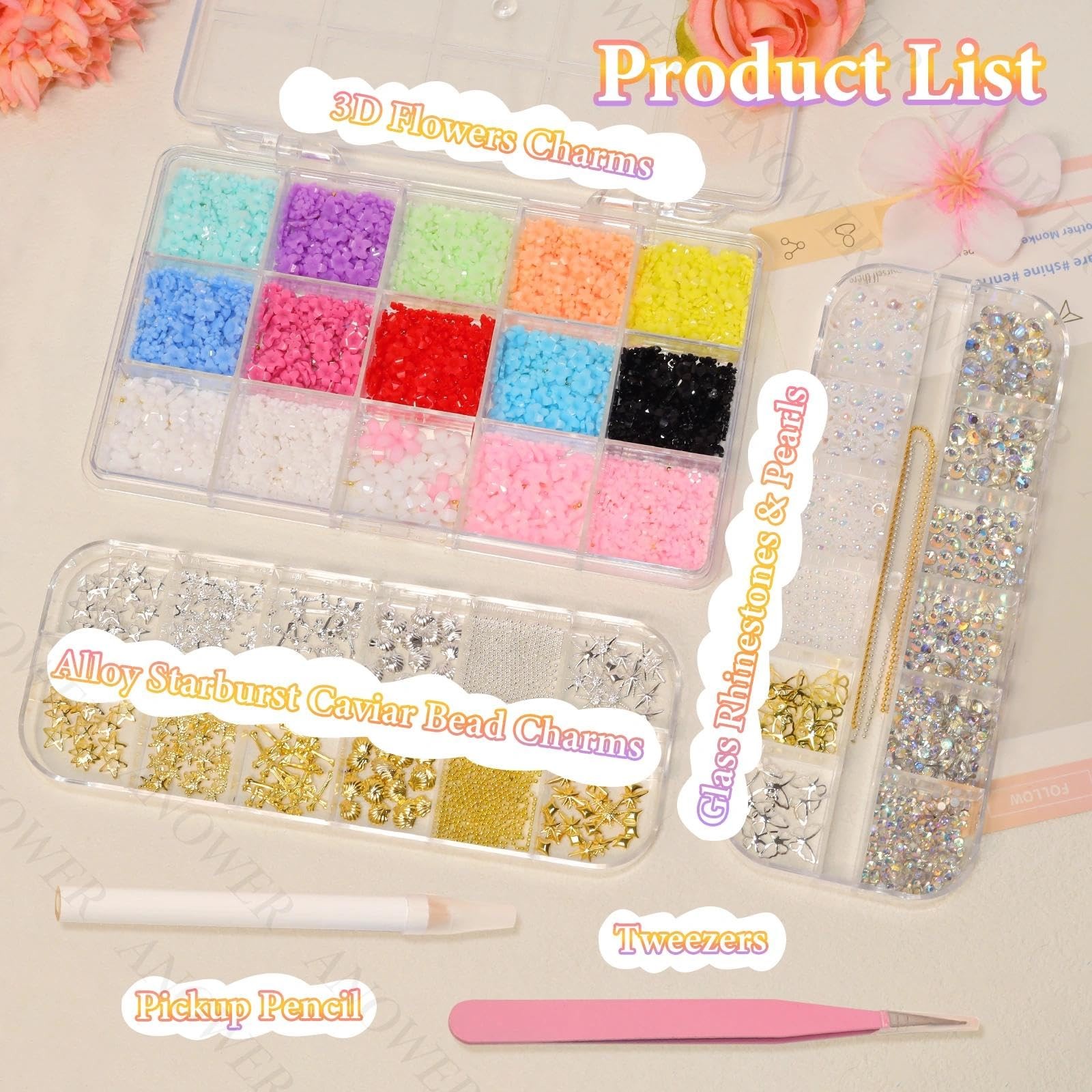 3 Boxes Nail Charms Kit, Colorful Mini Flower 3D Charms for Nails, Flatback P…