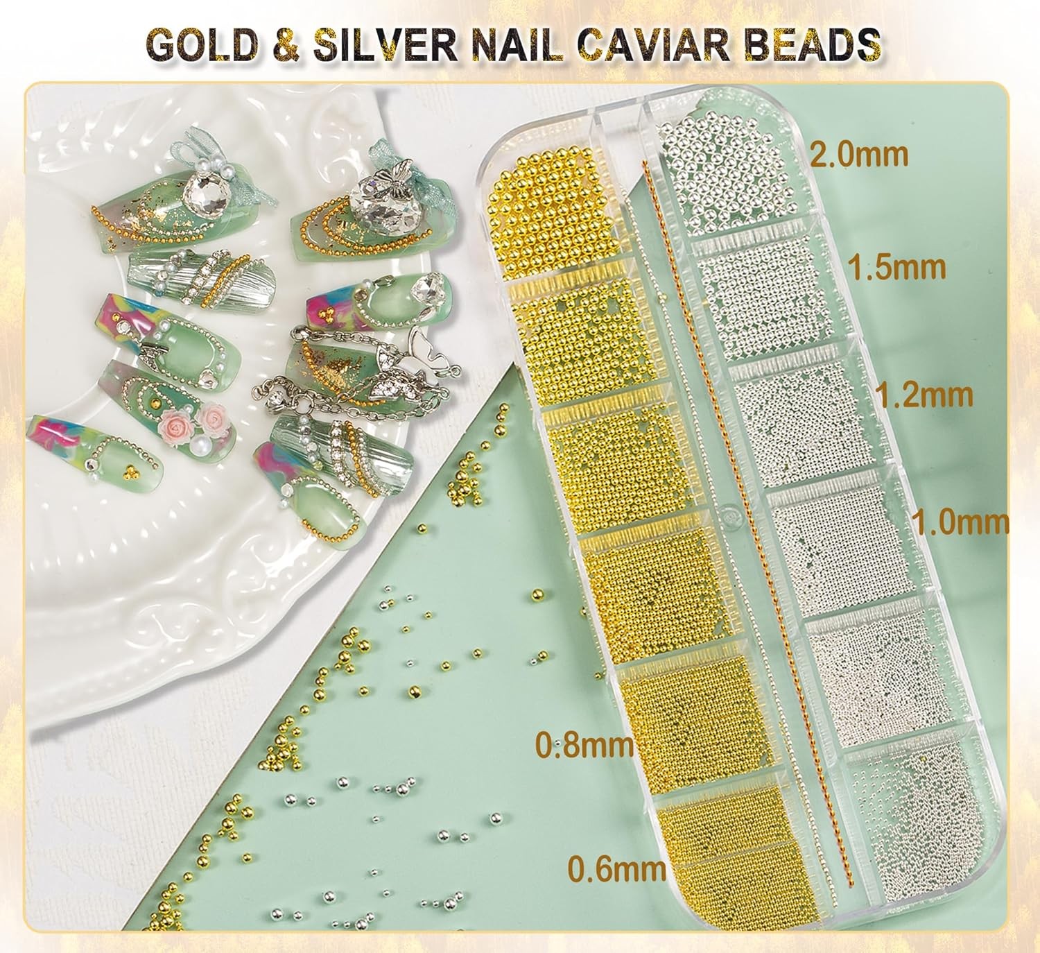 Gold and Silver Nail Art Charms Kit with Caviar Beads Flatback Pearls and Chain