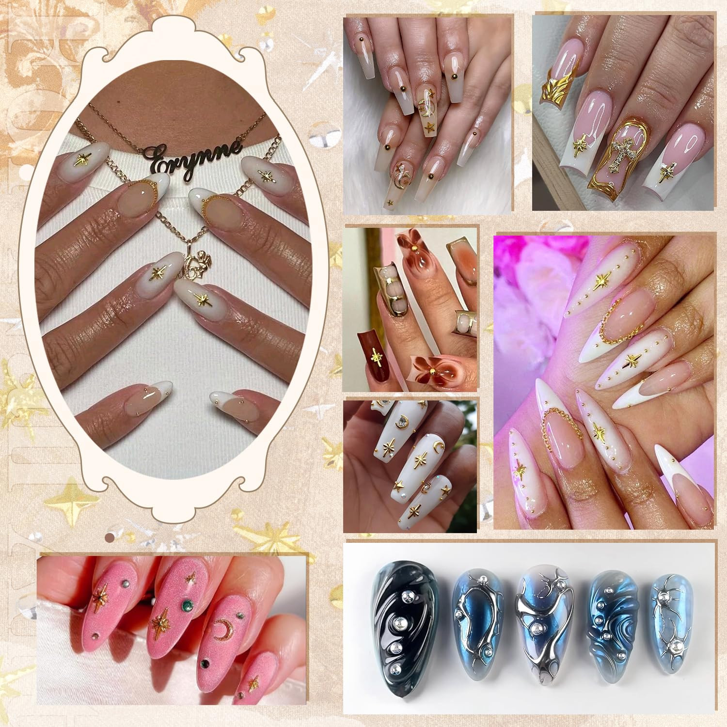 2640Pcs 3D Star Nail Charms, Gold & Silver Multi-Shapes Metallic Nail Art Gems a