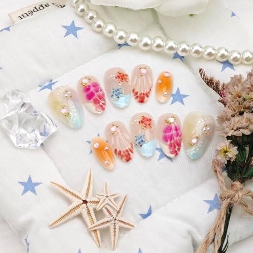24Pcs Summer Ocean Press on Nails Short Almond French Tip Fake Nails with Pearl