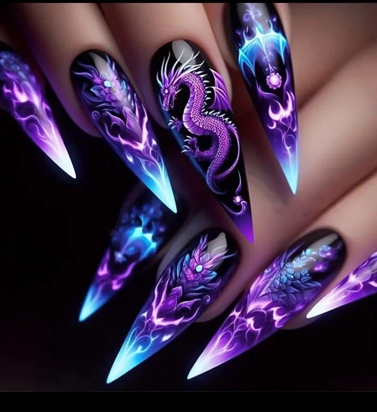24 Pc DRAGON Purple Blue Xtra Long Stiletto Press On Nails Glue And Tabs Incl
