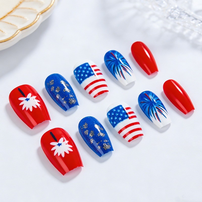 48pcs-4th of July Nails, Press on Square with Red, White & Blue Firework Art