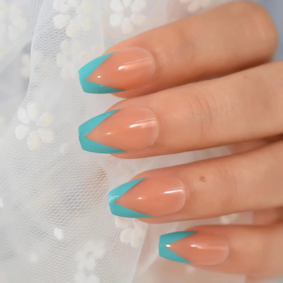 24 Medium Press on Nails kit glue on turquoise rim aqua v french nude
