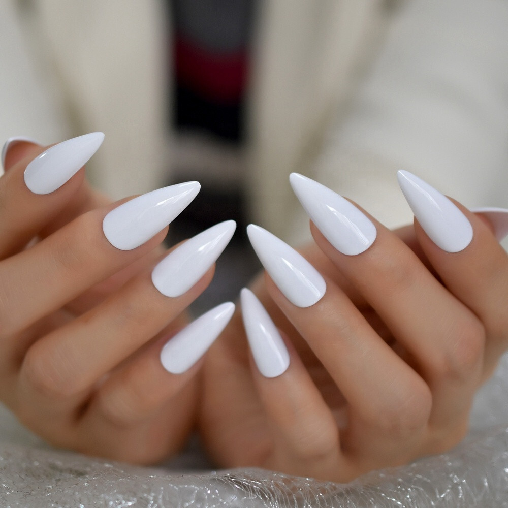 24 Press on nails kit w glue Long white stiletto pointed