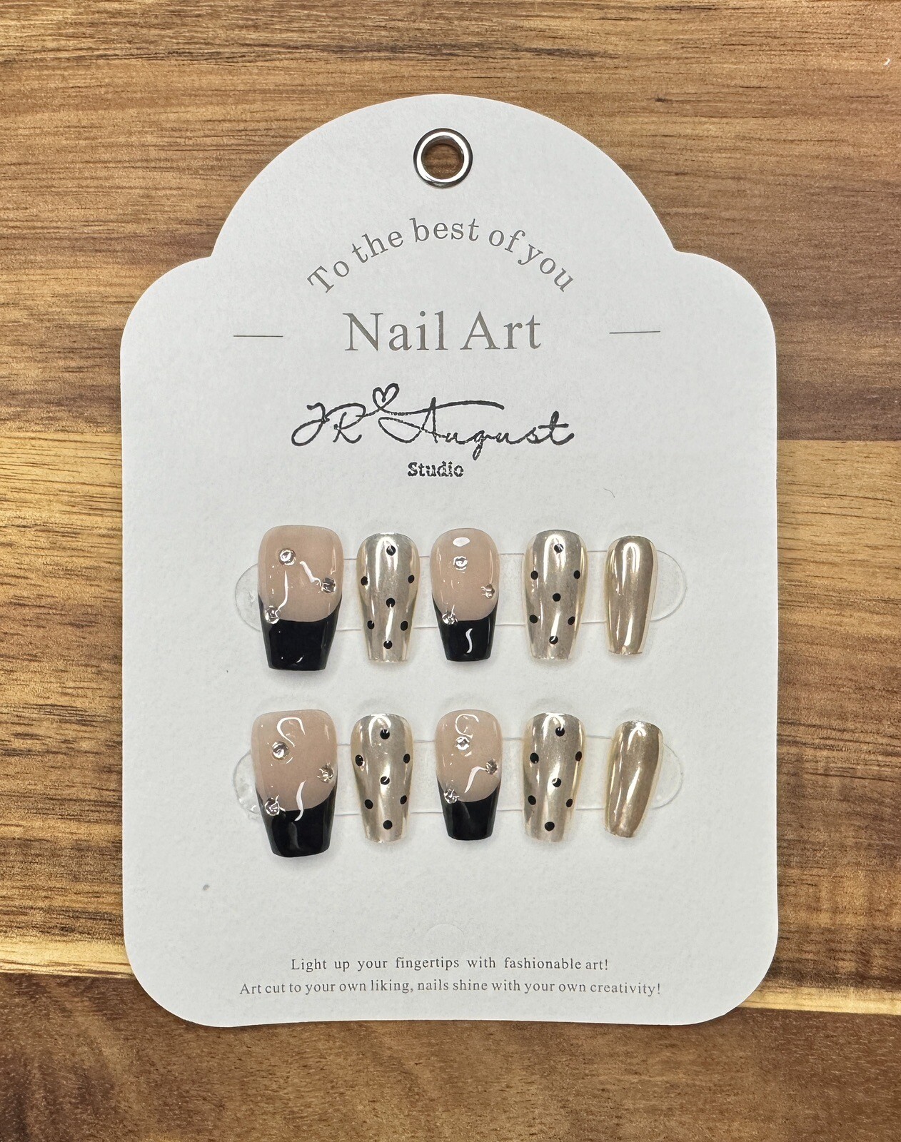 Press on nails Handmade polka dots and diamond tan & gold medium coffin XS S M L