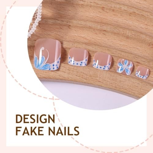 24Pcs French Tip Press on Toenails Short Square Polka Dots French Flowers