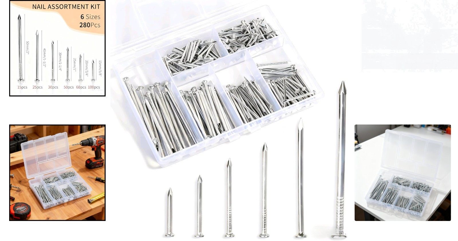 High-Quality 280 Pcs Nail Set – 6 Sizes, 2-Inch Galvanized Finish for Durability