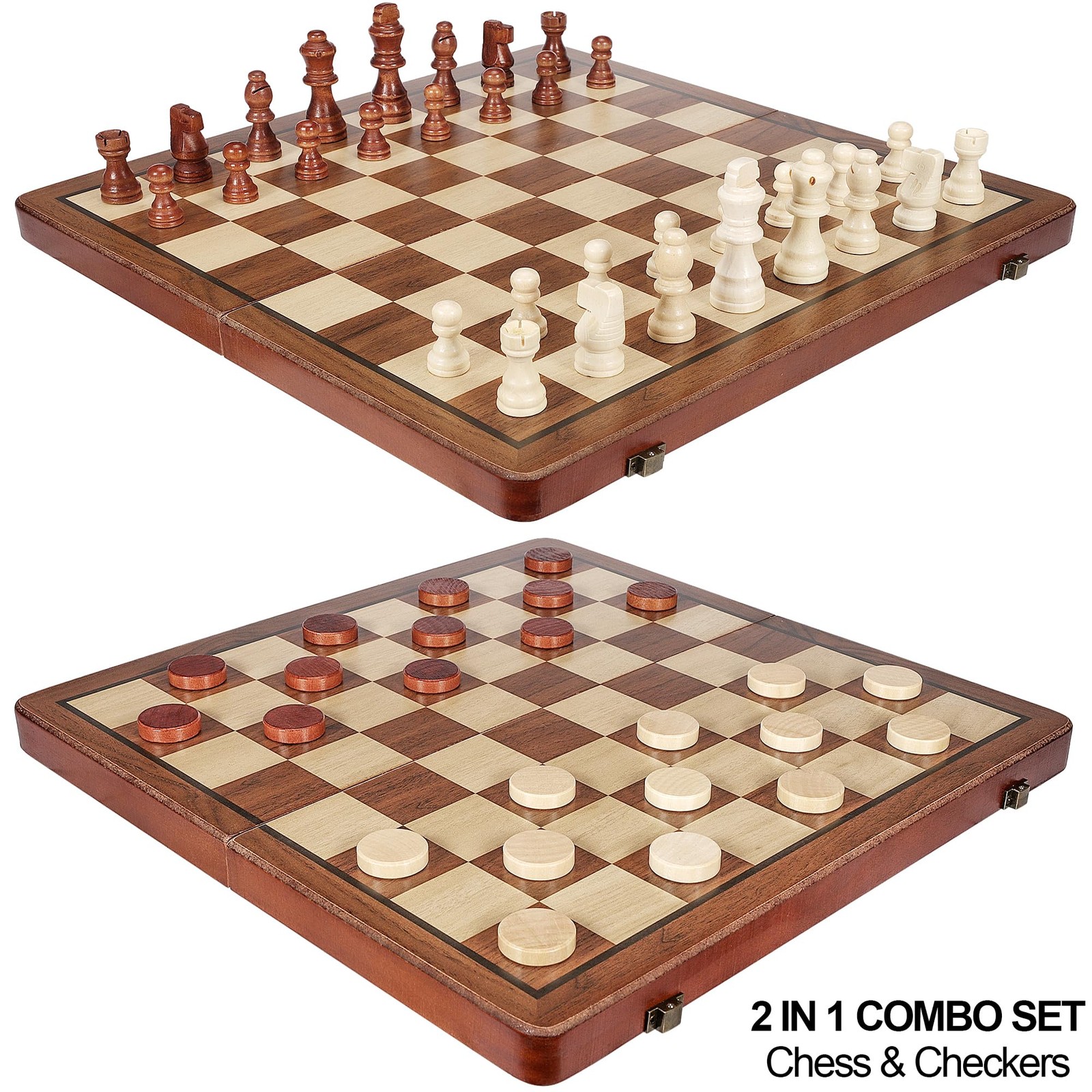 2 in 1 Wooden Chess and Checkers Set – Folding Magnetic Board with…