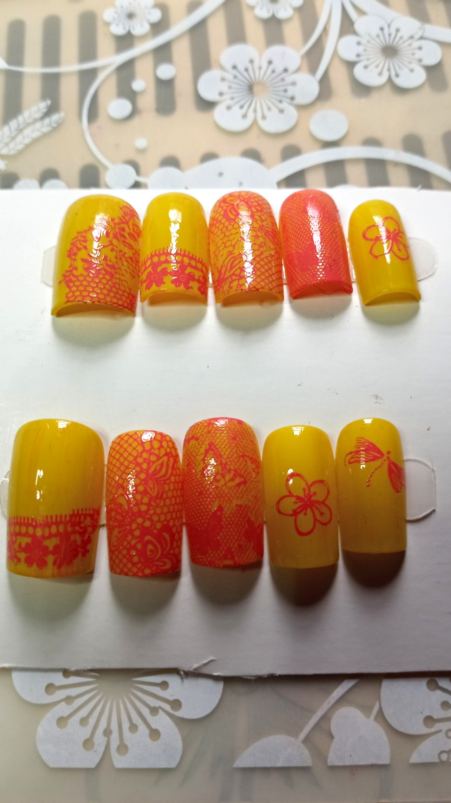 Yellow & Orange Shiny Short Square Press-On Nails Full Cover Pre-Designed Floral